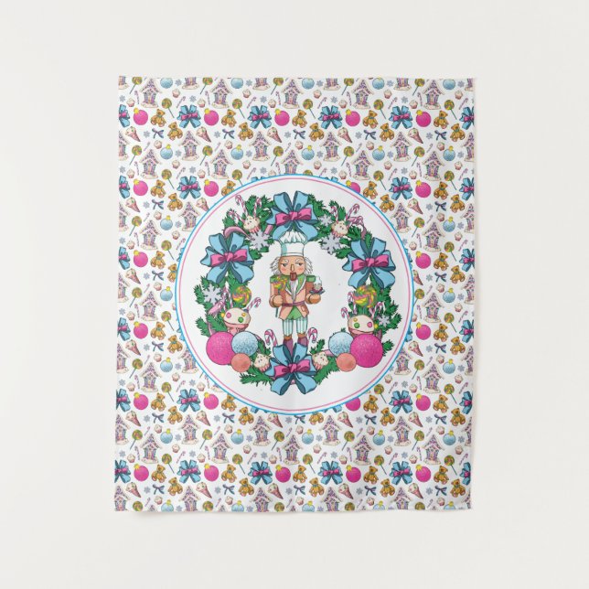 Cute Pink And Blue Christmas Nutcracker Wreath Tapestry (Front)