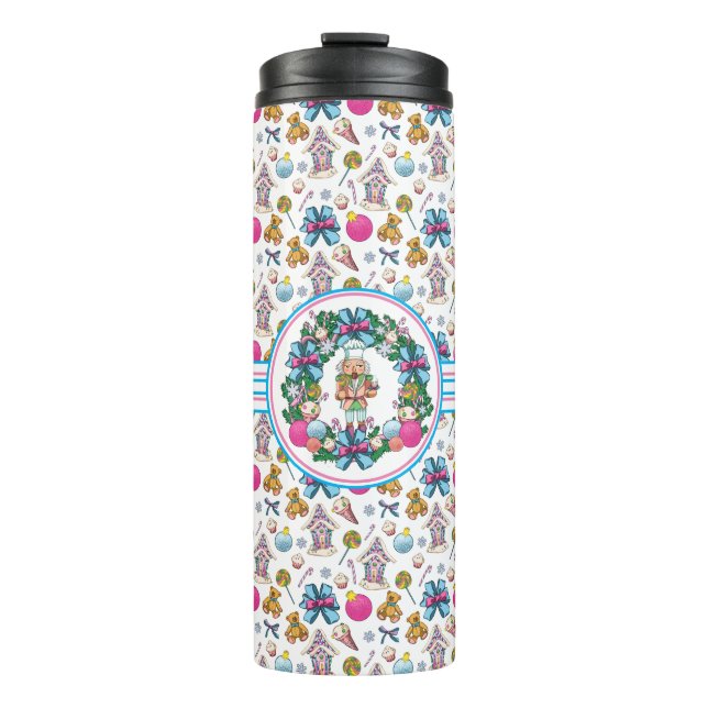 Cute Pink And Blue Christmas Nutcracker Wreath Thermal Tumbler (Front)