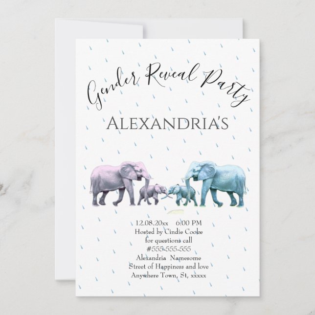 Cute Pink and Blue Elephant Gender Reveal Invitation (Front)