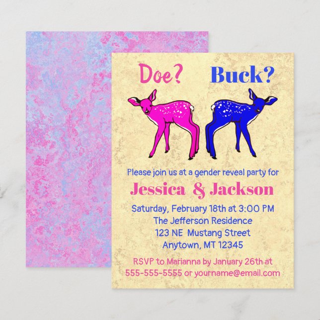 Cute Pink and Blue Fawns Gender Reveal Invitation (Front/Back)