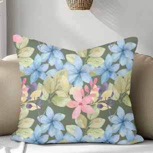 Cute Pink And Blue Floral Watercolor Dark Green Throw Pillow