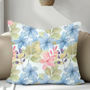 Cute Pink And Blue Floral Watercolor Light Green Throw Pillow
