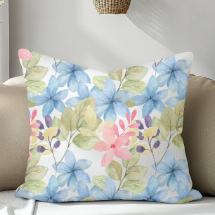 Cute Pink and Blue Floral Watercolor Transparent Throw Pillow