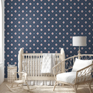 Cute Pink And Blue Flower Plaid On Blue-Grey Wallpaper