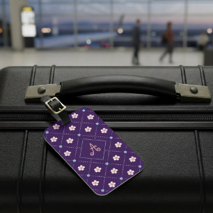 Cute Pink And Blue Flower Plaid On Purple Luggage Tag