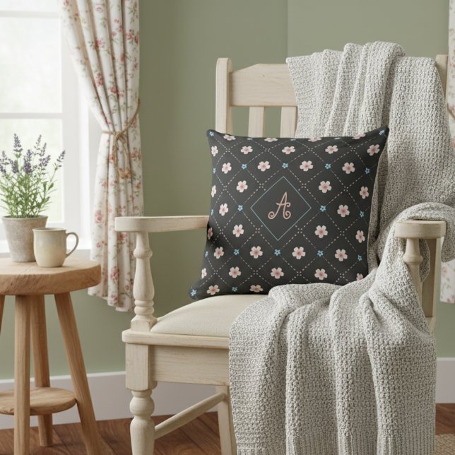 Cute Pink And Blue Flower Plaid Pattern On Black Throw Pillow (Creator Uploaded)