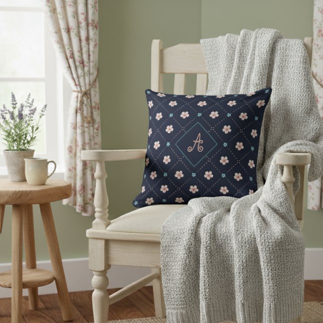 Cute Pink And Blue Flower Plaid Pattern On Blue Throw Pillow (Creator Uploaded)