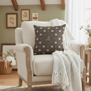 Cute Pink And Blue Flower Plaid Pattern On Brown Throw Pillow