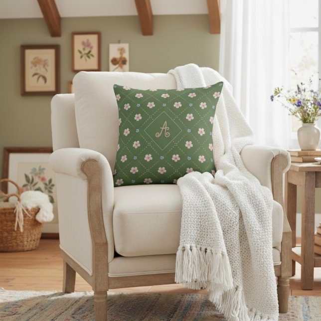 Cute Pink And Blue Flower Plaid Pattern On Green Throw Pillow (Creator Uploaded)