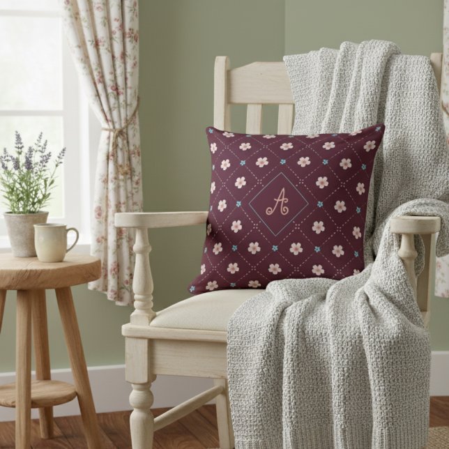 Cute Pink And Blue Flower Plaid Pattern On Red Throw Pillow (Creator Uploaded)