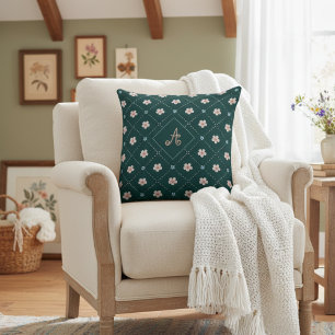 Cute Pink And Blue Flower Plaid Pattern On Teal Throw Pillow
