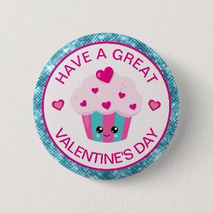 Cute Pink and Blue Heart Cupcake Valentine's Day 2 Inch Round Button
