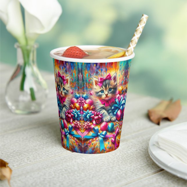 Cute Pink and Blue Kitten Girl's Birthday Paper Cups (Insitu)