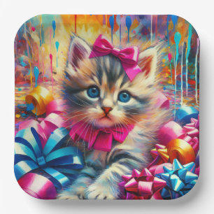 Cute Pink and Blue Kitten Girl's Birthday Paper Plate