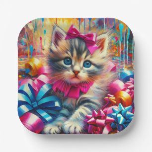 Cute Pink and Blue Kitten Girl's Birthday Paper Plate