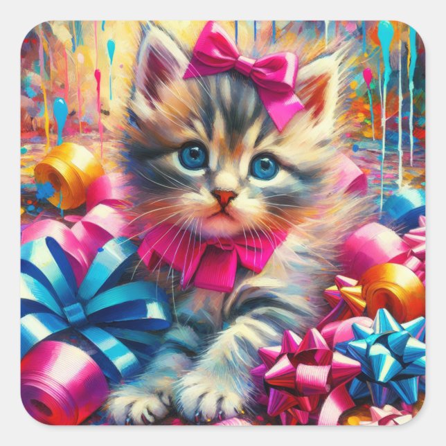 Cute Pink and Blue Kitten Girl's Birthday Square Sticker (Front)