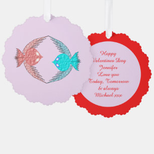 Cute Pink and Blue Love Birds Custom Ornament Card