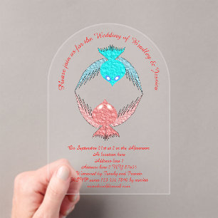 Cute Pink and Blue Love Birds Custom Wedding Acrylic Invitations