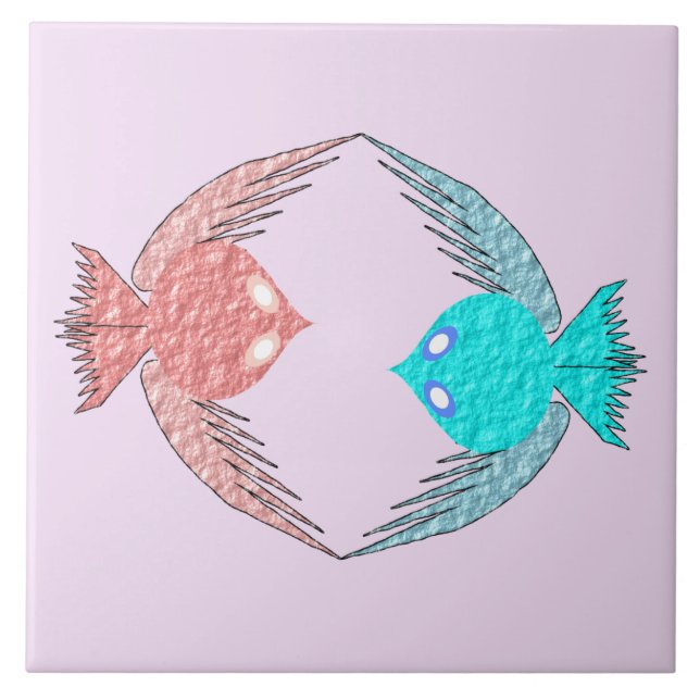Cute Pink and Blue Love Birds Tile (Front)