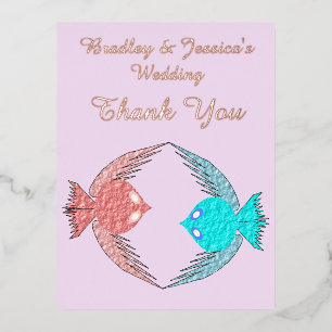 Cute Pink and Blue Love Birds Wedding Custom Foil Holiday Postcard
