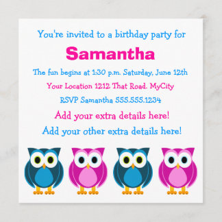 Cute Pink and Blue Owl Birthday Invitation