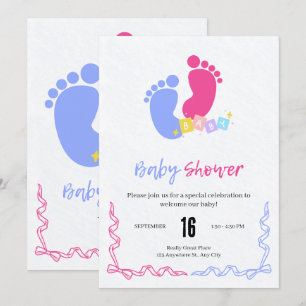 Cute Pink and Blue Pastel Baby Footprints Blocks Invitation