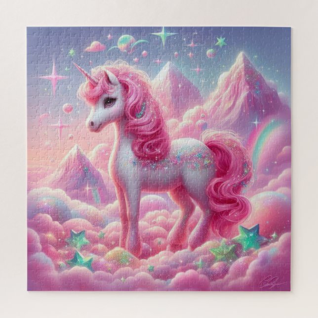 Cute pink and blue unicorn glitter bright jigsaw puzzle (Vertical)
