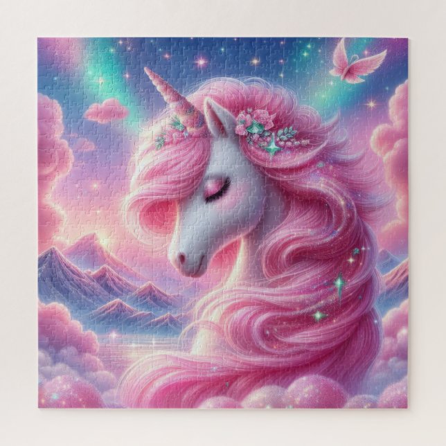Cute pink and blue unicorn glitter bright jigsaw puzzle (Vertical)