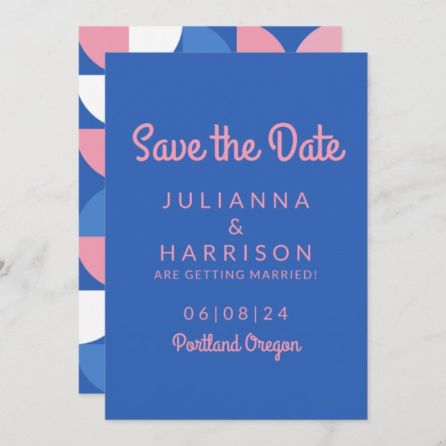 Cute Pink and Blue Whimsical Typography Save The Date (Front/Back)