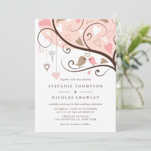 Cute Pink and Brown Lovebirds Wedding Invitation