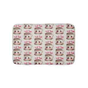 Cute Pink and Cream Watercolor Hot Cocoa Pattern Bath Mat