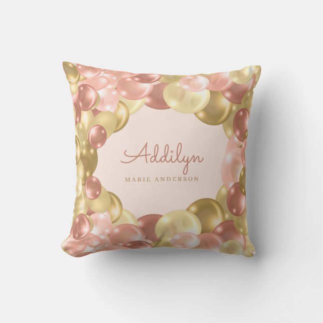 Cute Pink and Gold Balloon Border Girls Throw Pillow (Front)