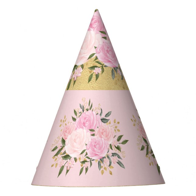 Cute Pink and Gold Floral Greenery Girls Birthday Party Hat (Front)