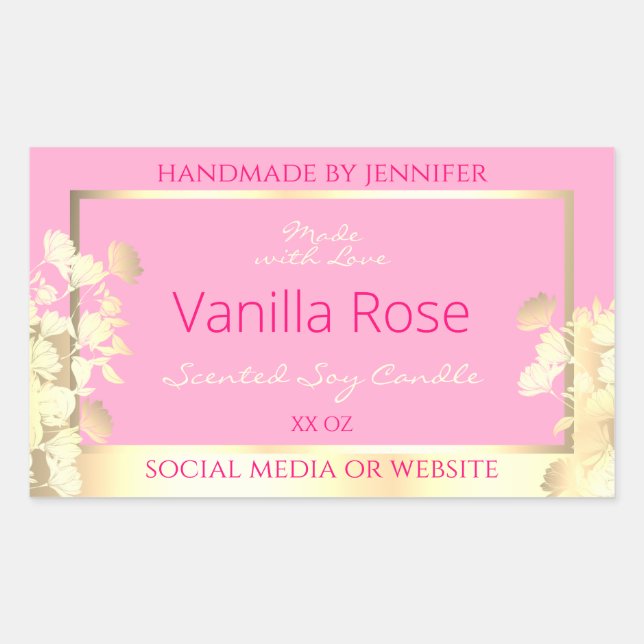 Cute Pink and Gold Floral Product Packaging Labels (Front)