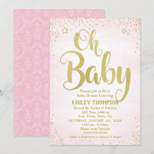 Cute Pink and Gold Oh Baby Stars Baby Shower Invitation
