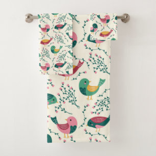 Cute Pink and Green Birds Botanical Pattern Bath Towel Set
