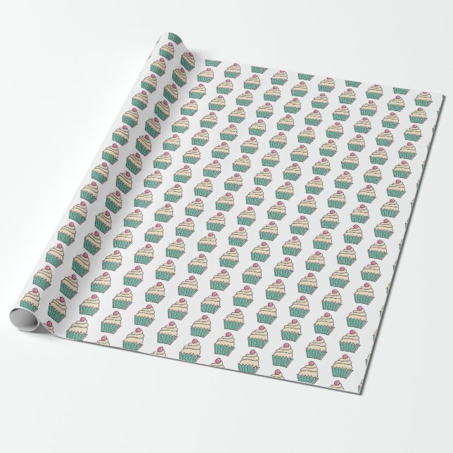 Cute Pink and Green Cupcake with Red Cherry Wrapping Paper (Unrolled)