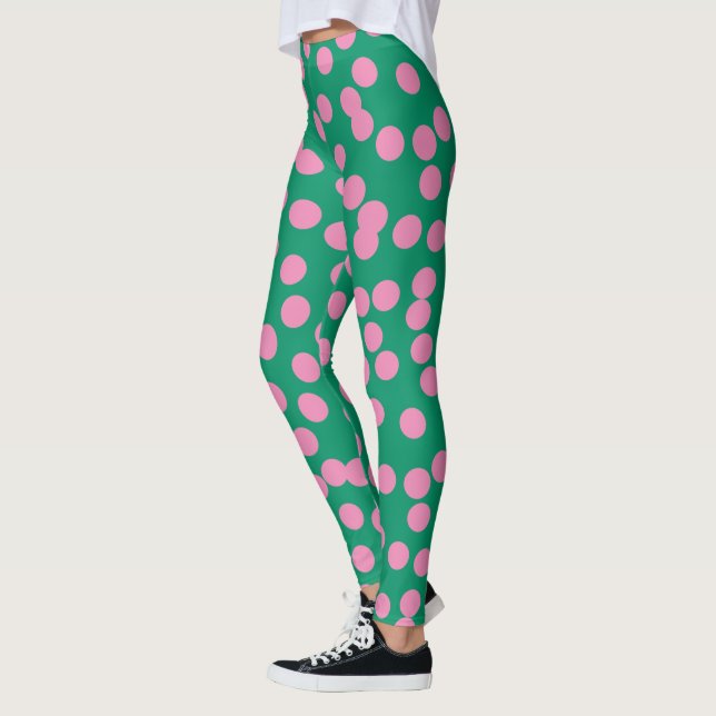 Cute Pink and Green Dots and Spots Pattern Leggings (Left)