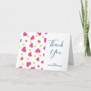 Cute Pink and Green Falling Hearts Pattern Thanks Card