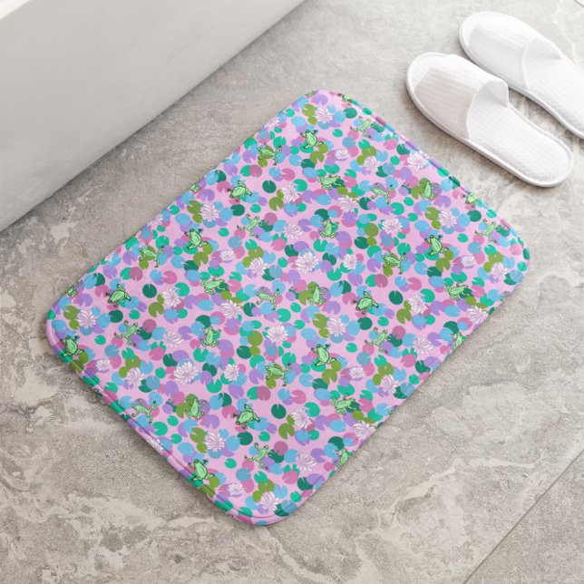 Cute Pink and Green Frogs and Lily Pads Girly Bath Mat (Creator Uploaded)