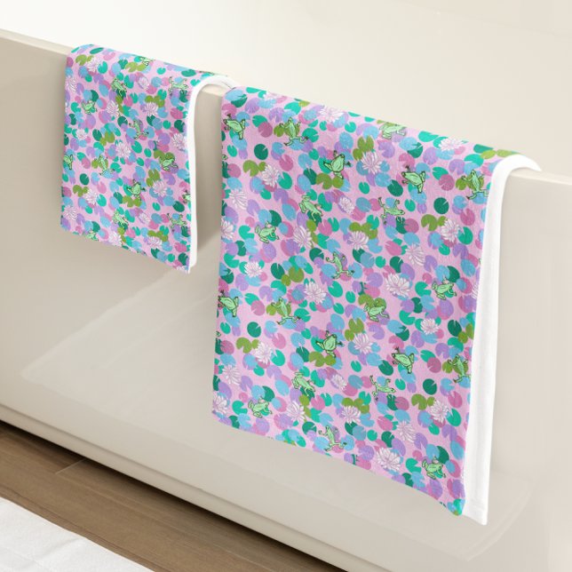 Cute Pink and Green Frogs and Lily Pads Girly Bath Towel Set (Creator Uploaded)