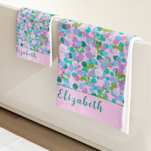 Cute Pink and Green Frogs Custom Name Girly Bath Towel Set