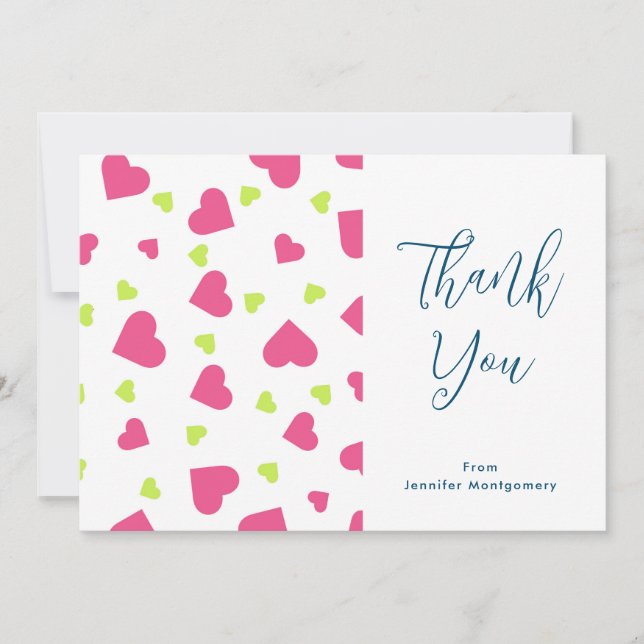 Cute Pink and Green Hearts Pattern Thank You Card (Front)