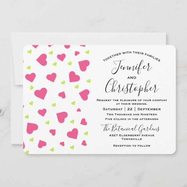 Cute Pink and Green Hearts Pattern Wedding Invitation (Front)