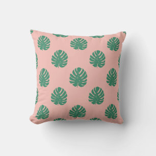 Cute Pink and Green Tropical Monstera Leaf Pattern Throw Pillow