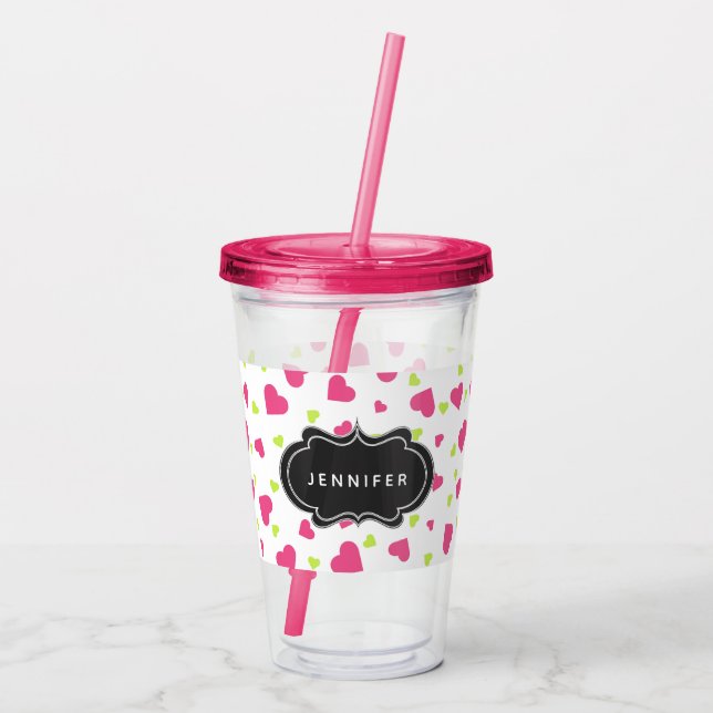 Cute Pink and Green Tumbling Hearts Pattern Acrylic Tumbler (Back)