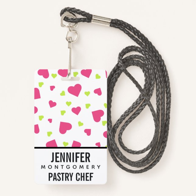 Cute Pink and Green Tumbling Hearts Pattern Badge (Front with Lanyard)