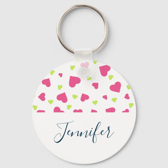 Cute Pink and Green Tumbling Hearts Pattern Keychain (Front)