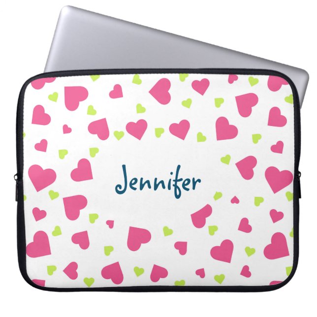 Cute Pink and Green Tumbling Hearts Pattern Laptop Sleeve (Front)