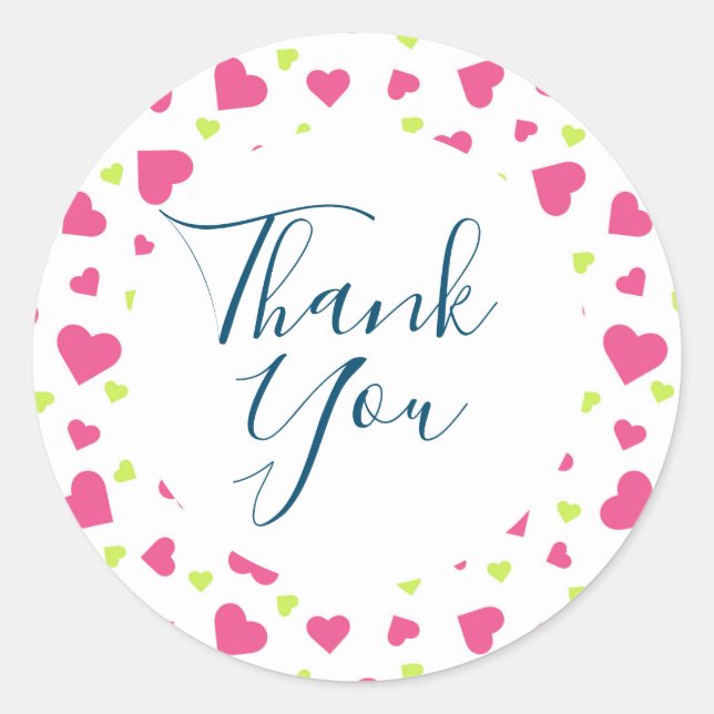 Cute Pink and Green Tumbling Hearts Pattern Thanks Classic Round Sticker (Front)